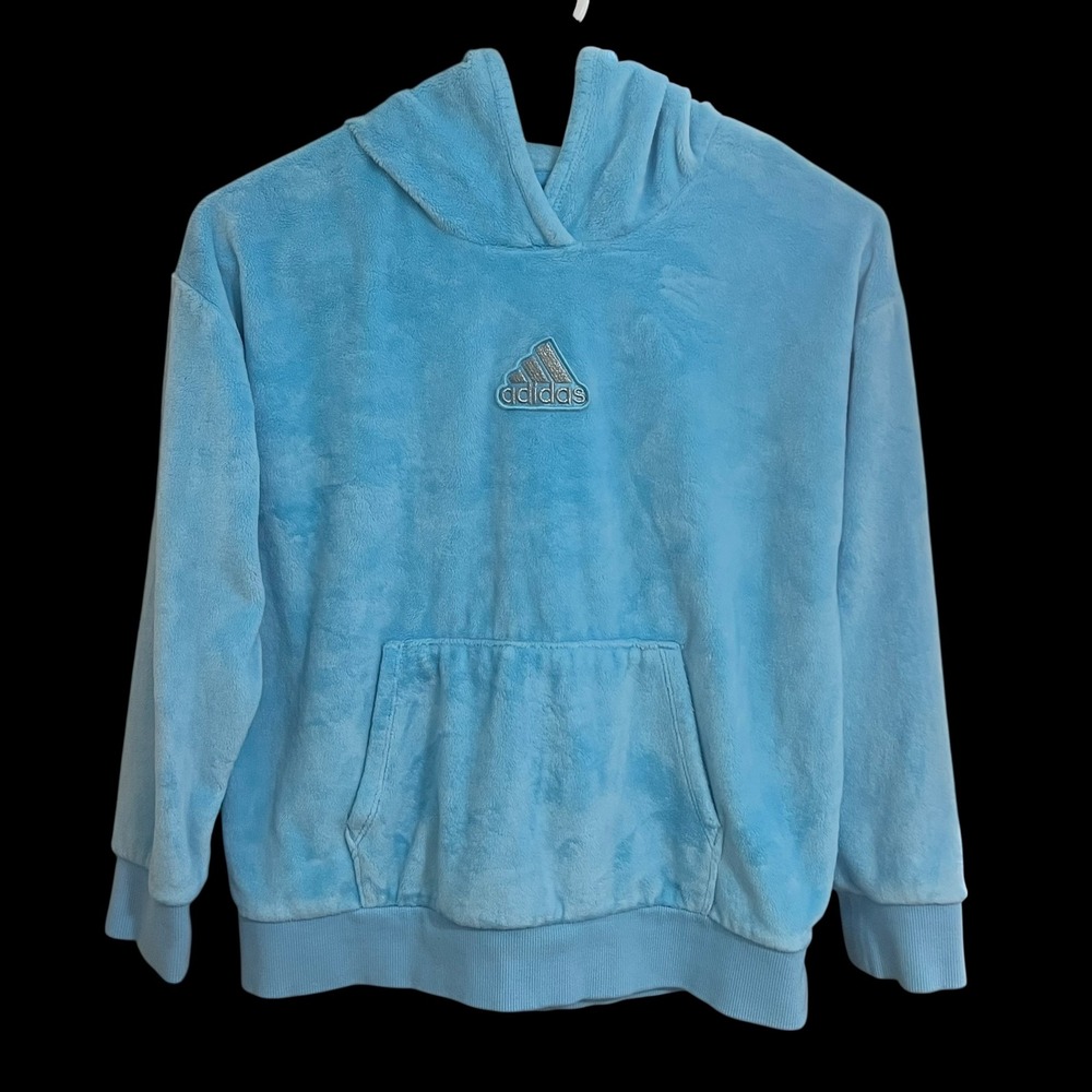 Adidas Girls Hoodie Size L (14) Light Blue Fleece Pullover Sweatshirt‎ Kids